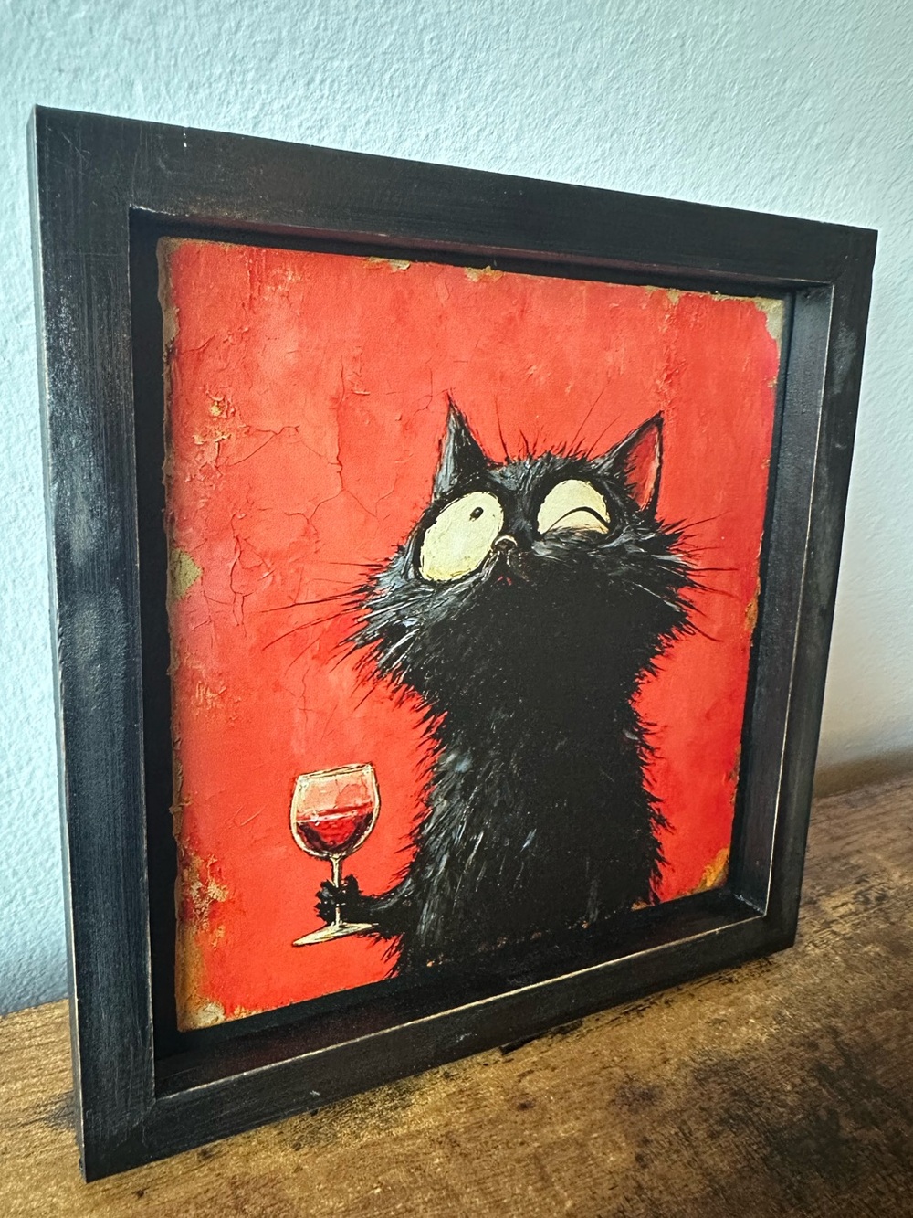 Framed Black Cat Wine Wooden Wall Art - Red Background Home Decor 8x8” NWT - Picture 3 of 5